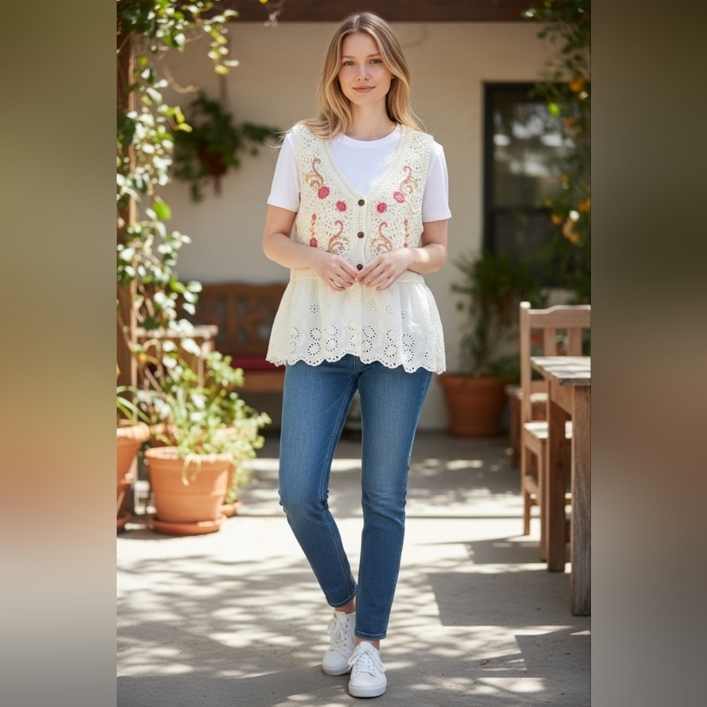 POL Boho Crochet Lace Tank Top Floral Embroidered Peplum ONE